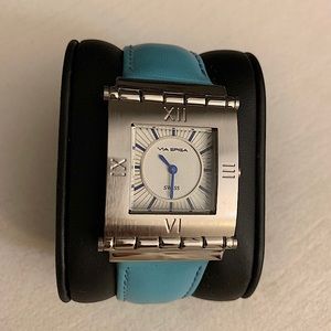 Via Spiga Tiffany blue leather watch.